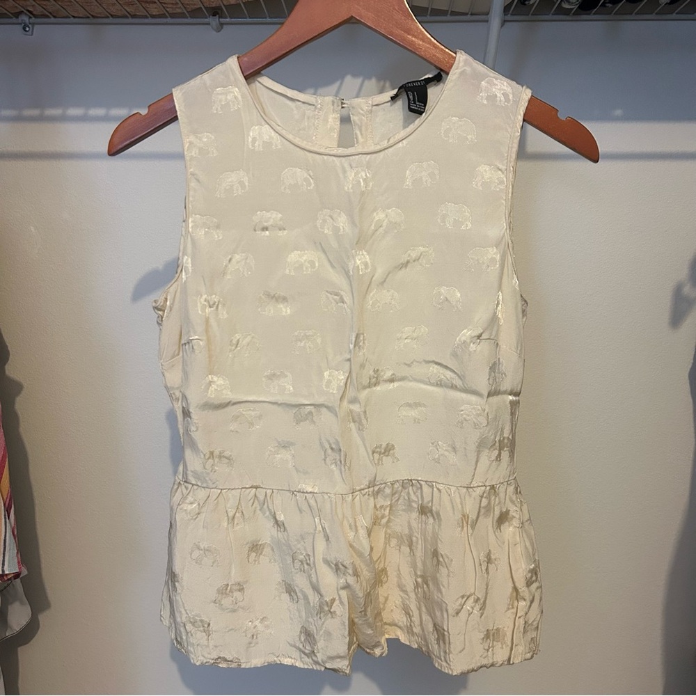 Forever 21 Cream Elephant 🐘 Print Peplum Sleeveless Blouse